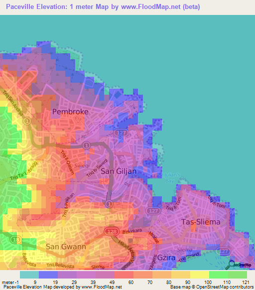 Paceville,Malta Elevation Map