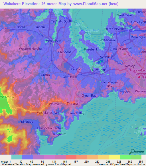 Waitakere,New Zealand Elevation Map
