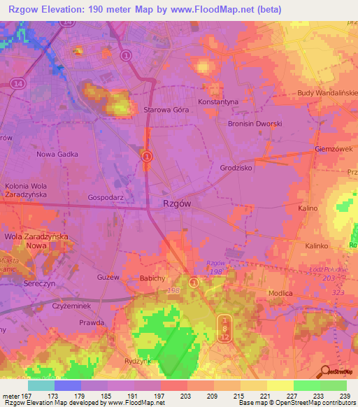 Rzgow,Poland Elevation Map