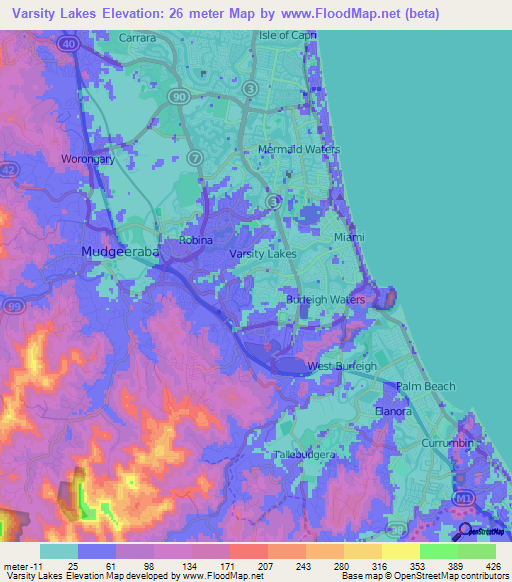 Varsity Lakes,Australia Elevation Map