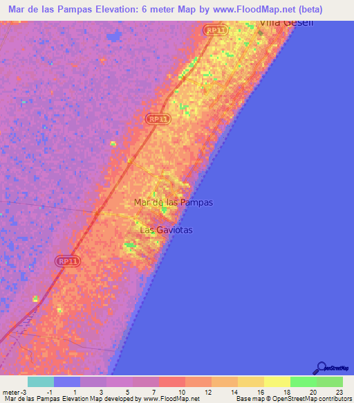 Mar de las Pampas,Argentina Elevation Map