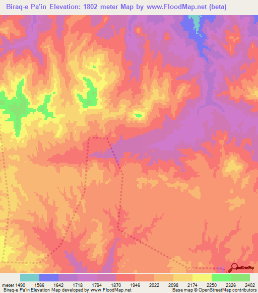 Biraq-e Pa'in,Iran Elevation Map
