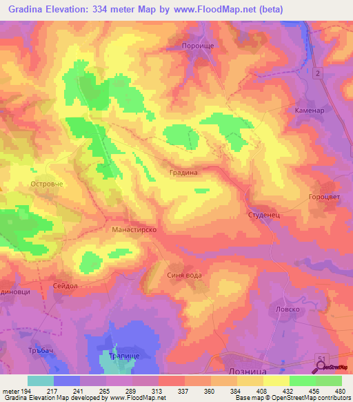 Gradina,Bulgaria Elevation Map