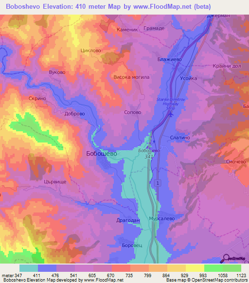 Boboshevo,Bulgaria Elevation Map