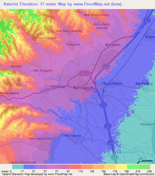 Katerini,Greece Elevation Map