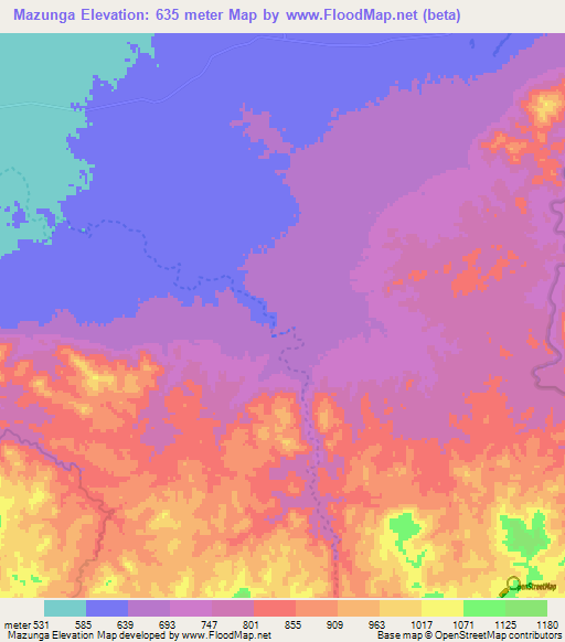 Mazunga,Zimbabwe Elevation Map