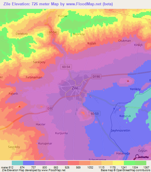 Zile,Turkey Elevation Map