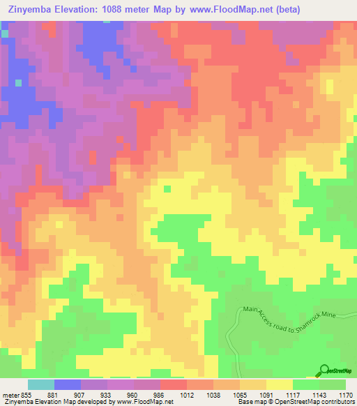 Zinyemba,Zimbabwe Elevation Map