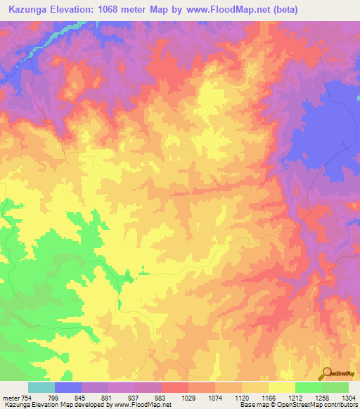 Kazunga,Zimbabwe Elevation Map