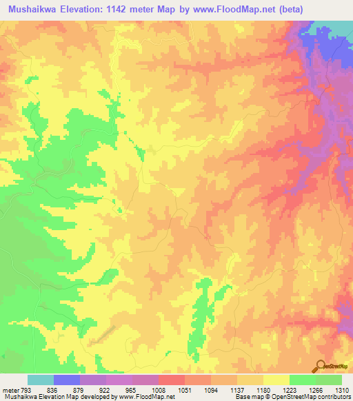 Mushaikwa,Zimbabwe Elevation Map