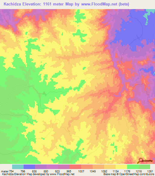 Kachidza,Zimbabwe Elevation Map