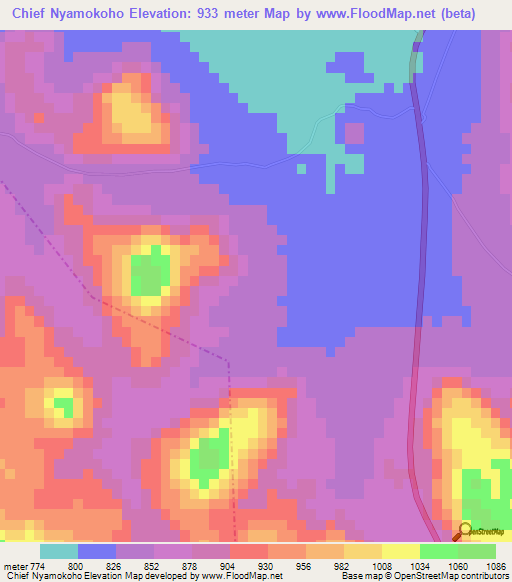 Chief Nyamokoho,Zimbabwe Elevation Map