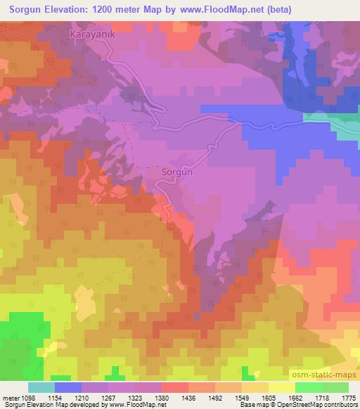 Sorgun,Turkey Elevation Map