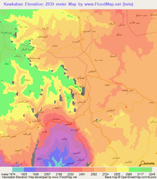 Kawkaban,Yemen Elevation Map