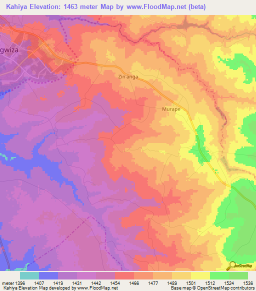 Kahiya,Zimbabwe Elevation Map