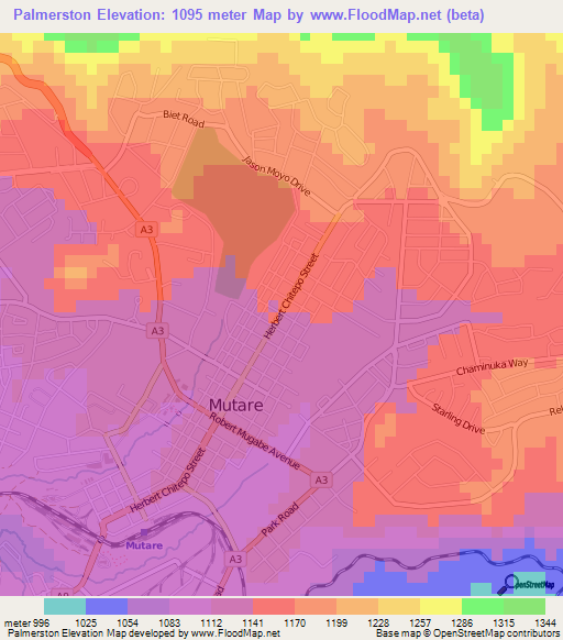 Palmerston,Zimbabwe Elevation Map