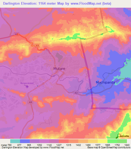 Darlington,Zimbabwe Elevation Map