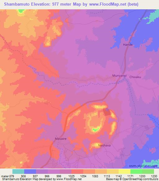 Shambamuto,Zimbabwe Elevation Map