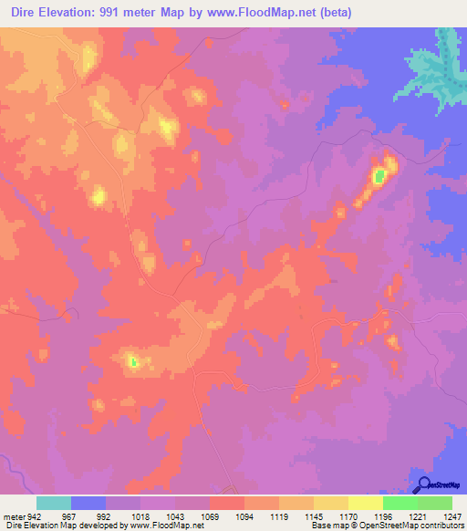 Dire,Zimbabwe Elevation Map