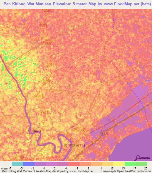 Ban Khlong Wat Manisan,Thailand Elevation Map