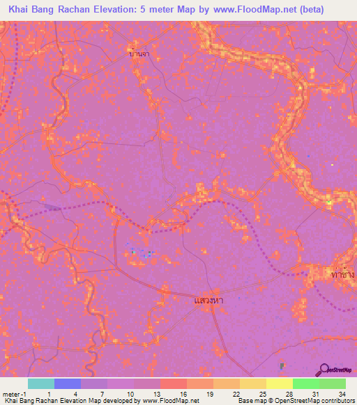Khai Bang Rachan,Thailand Elevation Map