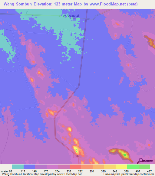 Wang Sombun,Thailand Elevation Map