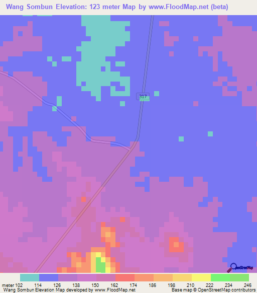 Wang Sombun,Thailand Elevation Map