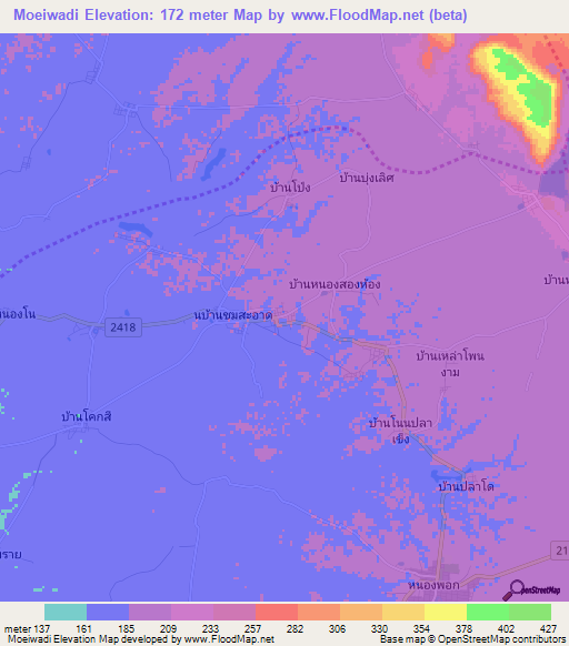 Moeiwadi,Thailand Elevation Map