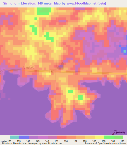 Sirindhorn,Thailand Elevation Map
