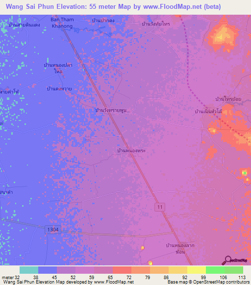 Wang Sai Phun,Thailand Elevation Map