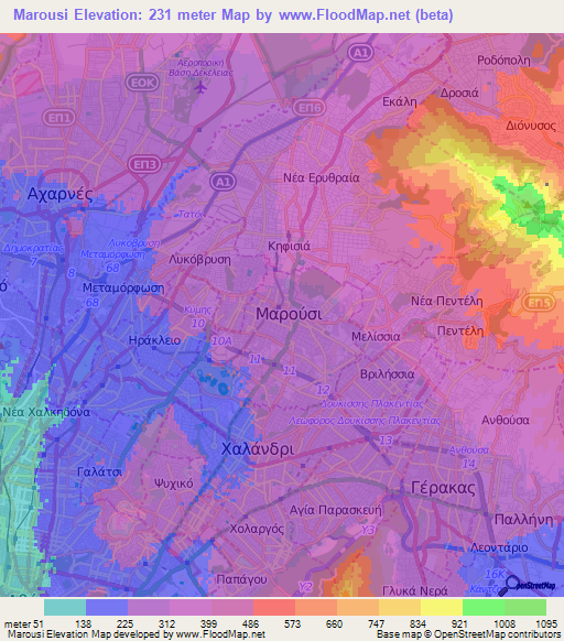 Marousi,Greece Elevation Map