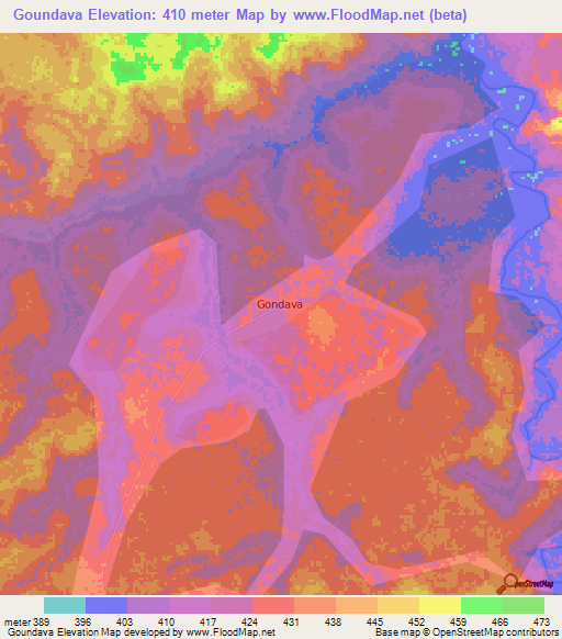 Goundava,Central African Republic Elevation Map