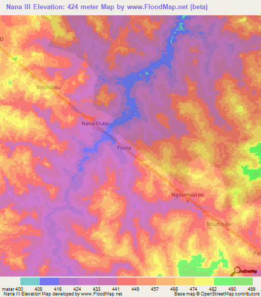 Nana III,Central African Republic Elevation Map