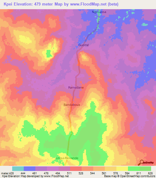 Kpei,Central African Republic Elevation Map