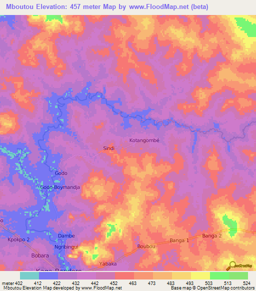 Mboutou,Central African Republic Elevation Map
