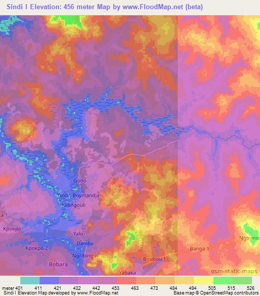 Sindi I,Central African Republic Elevation Map