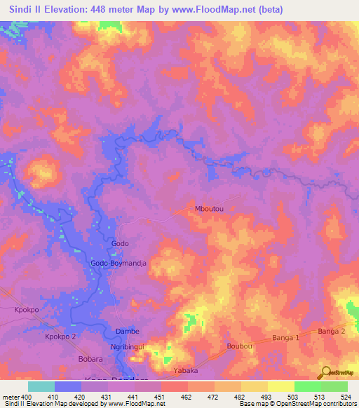 Sindi II,Central African Republic Elevation Map