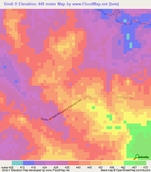 Sindi II,Central African Republic Elevation Map