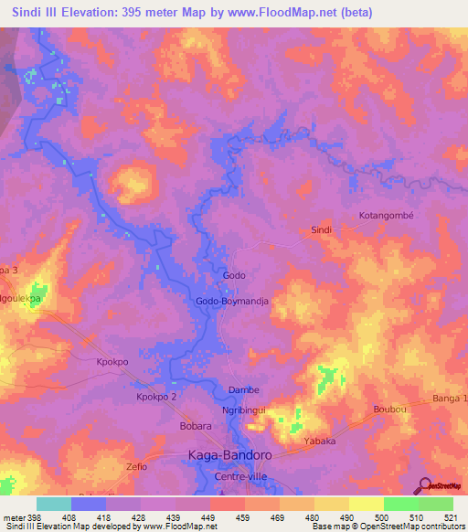 Sindi III,Central African Republic Elevation Map