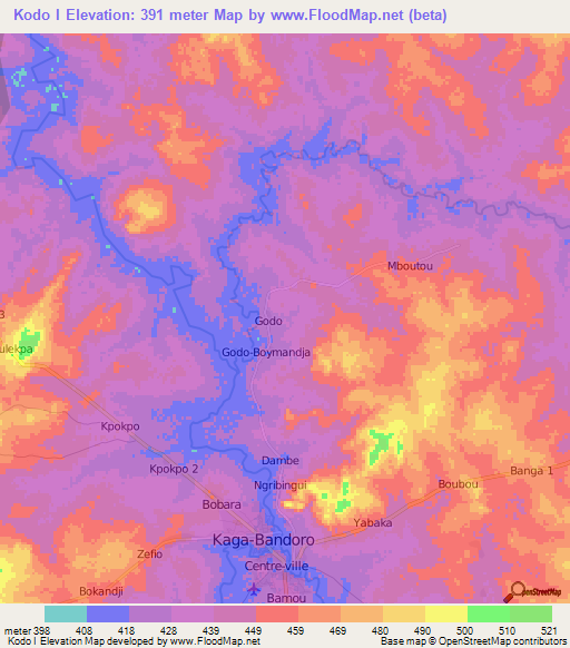 Kodo I,Central African Republic Elevation Map