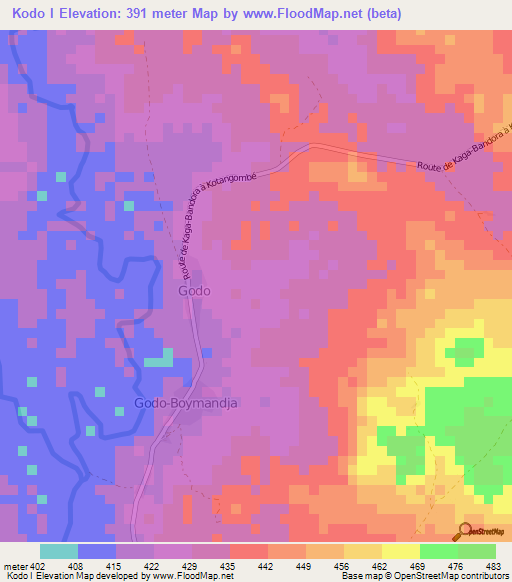 Kodo I,Central African Republic Elevation Map