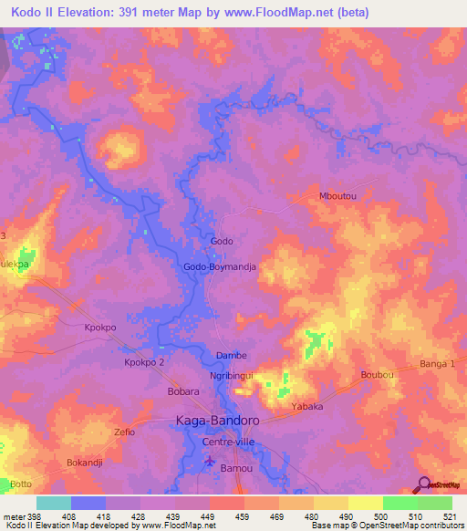 Kodo II,Central African Republic Elevation Map