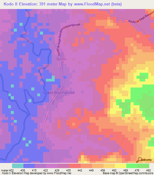 Kodo II,Central African Republic Elevation Map