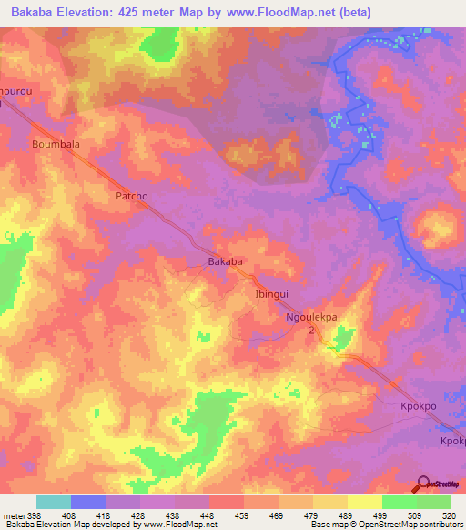 Bakaba,Central African Republic Elevation Map
