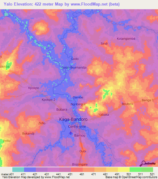 Yalo,Central African Republic Elevation Map