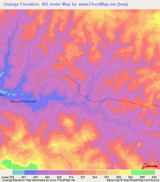 Ouanga,Central African Republic Elevation Map