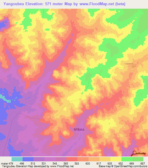 Yangoubeu,Central African Republic Elevation Map