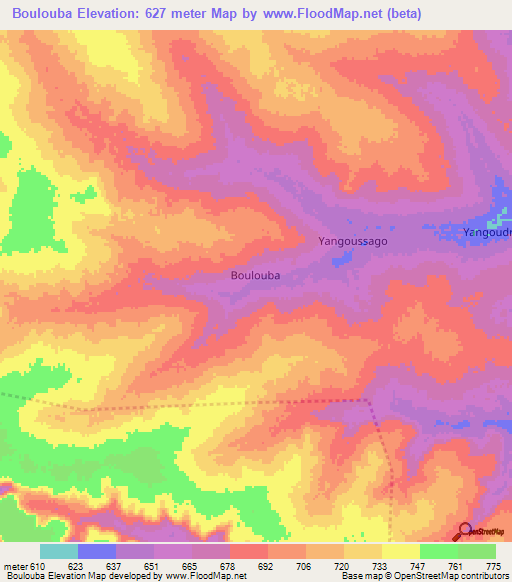 Boulouba,Central African Republic Elevation Map