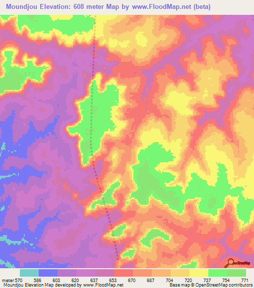 Moundjou,Central African Republic Elevation Map