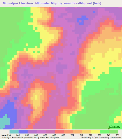 Moundjou,Central African Republic Elevation Map